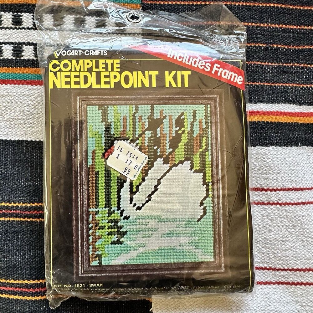 VTG NIP Deadstock Vogart Crafts Needlepoint Kit # 1521. Swan Motif. Frame. 70’s.